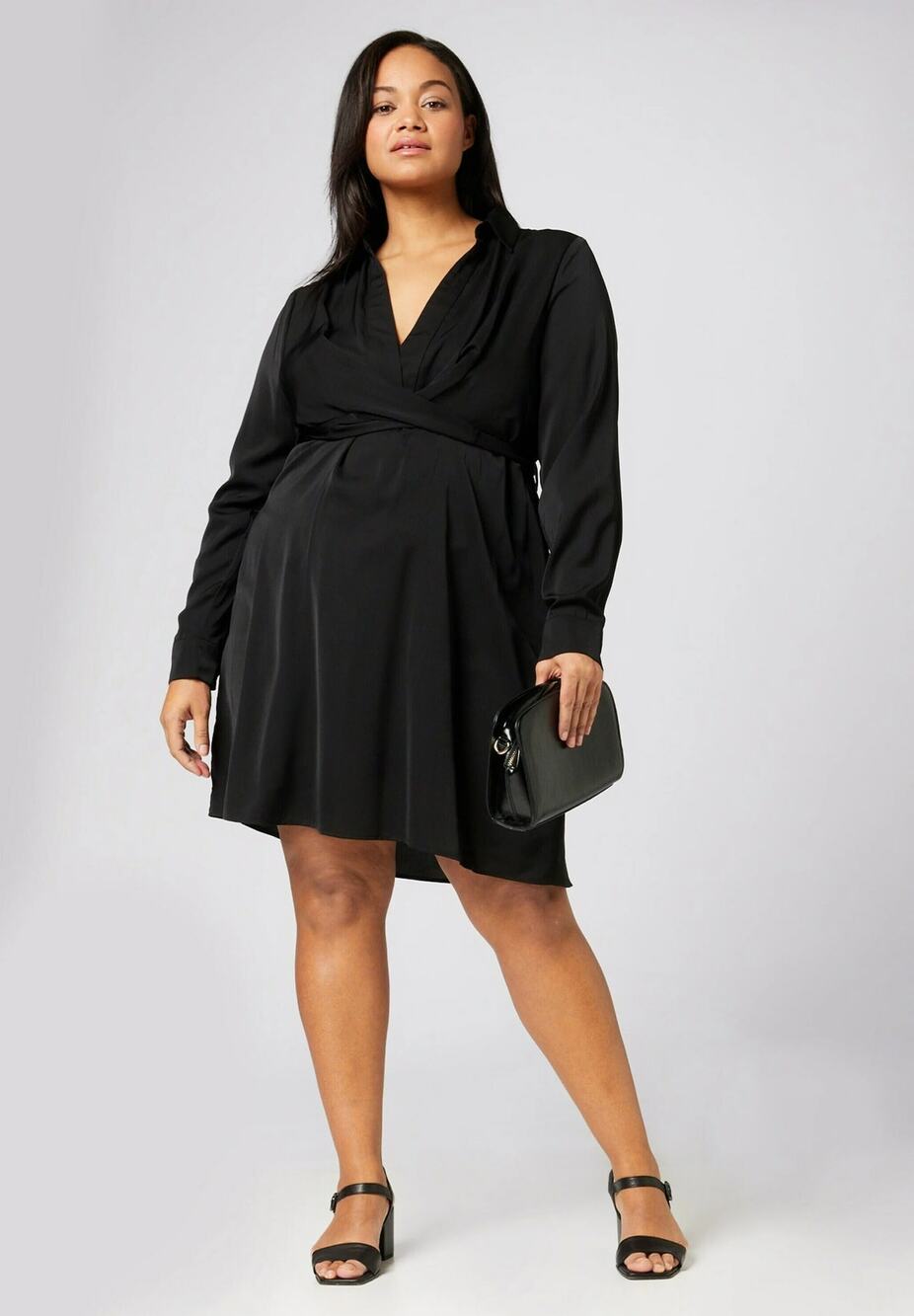 Andree by UNIT Wrap Midi Dress Women's Size 1X Black Collared Long Sleeve